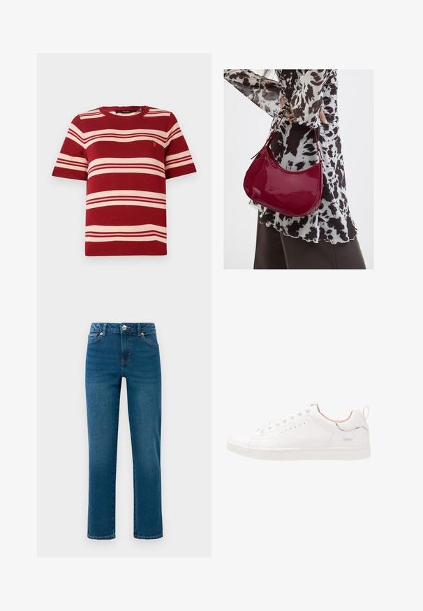Pull à manches courtes rayé rouge avec des rayures horizontales crème et un petit emblème près de la poitrine. Encolure ronde côtelée et poignets côtelés.; Jeans en denim droits bleu avec cinq poches, fermeture à bouton et fermeture éclair, et passants de ceinture, présentés sur un fond blanc.; Baskets en cuir blanc avec bout rond, six œillets, détails perforés, subtils accents en plastique et semelle en caoutchouc texturée.; Femme portant un chemisier à motif noir et blanc tenant un sac à main rouge brillant sur un fond uni.