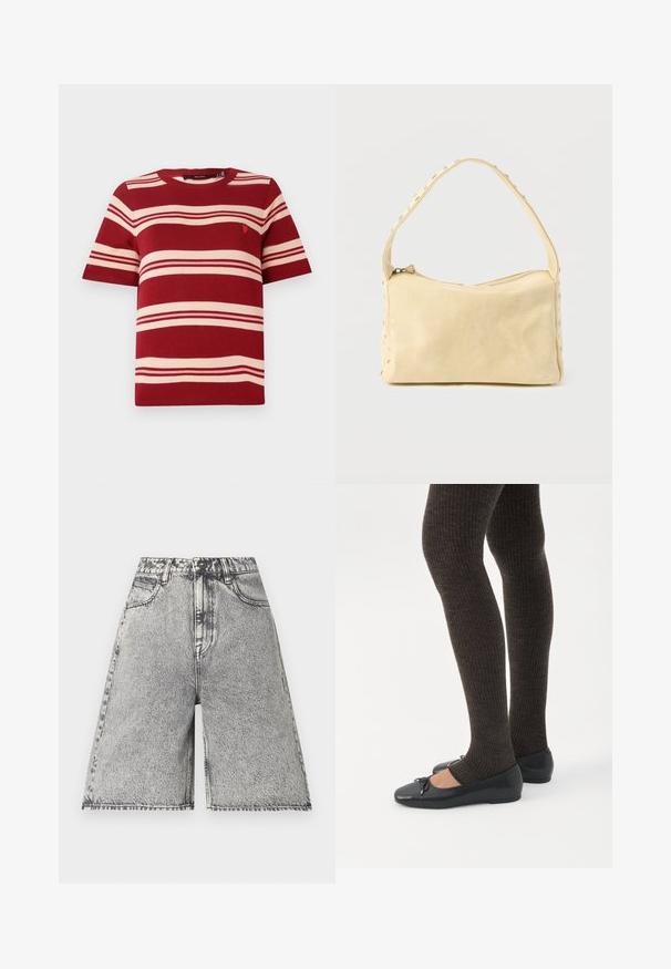 Pull à manches courtes rayé rouge avec des rayures horizontales crème et un petit emblème près de la poitrine. Encolure ronde côtelée et poignets côtelés.; Shorts en denim avec un motif délavé noir et gris, présentés avec une taille haute, des passants de ceinture et cinq poches. Les bords sont finis.; Jambes portant des leggings côtelés foncés associés à des ballerines noires avec de petits détails en nœud sur fond blanc.; Petit sac à main en cuir beige avec une seule bandoulière et des clous argentés le long des bords et de la bandoulière, posé sur un fond uni.