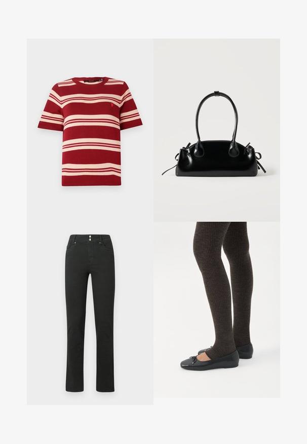 Pull à manches courtes rayé rouge avec des rayures horizontales crème et un petit emblème près de la poitrine. Encolure ronde côtelée et poignets côtelés.; Jean en denim noir au design ajusté, doté de deux poches avant, de deux poches arrière et d'une fermeture à double bouton à la taille.; Jambes portant des leggings côtelés foncés associés à des ballerines noires avec de petits détails en nœud sur fond blanc.; Petit sac à main noir brillant avec deux longues anses et des détails à cordon sur les côtés sur un fond clair uni.