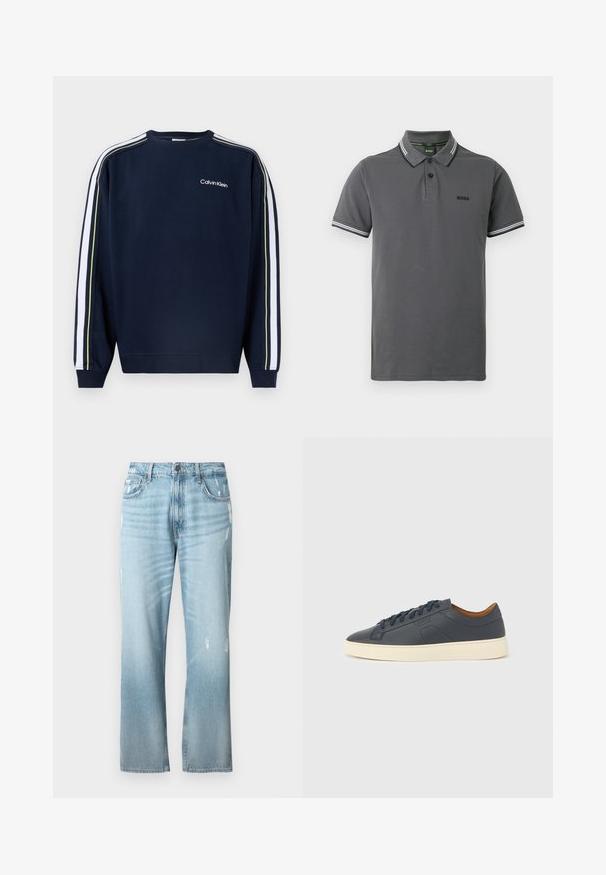 Marineblaue Calvin Klein Sweatshirt mit weißen und gelben Streifen entlang der Ärmel und kleinem weißem Logo auf der oberen linken Brust.; Graues Poloshirt mit klassischem Design, Zweiknopf-Leiste und kontrastierenden weißen Streifen am Kragen und an den Ärmeln.; Hellblaue Denim-Jeans mit einem leicht lockeren, geraden Schnitt, Distressed-Details, klassischem Fünf-Taschen-Design und einem Knopfverschluss.; Marineblaue Ledersneaker mit cremefarbener Sohle, ausgestattet mit Schnürverschluss, abgerundetem Zehenbereich und minimalistischen Designelementen inklusive tonaler Akzente.