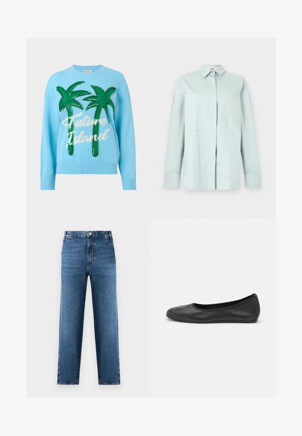Pull bleu clair avec deux grands palmiers verts et un texte cursif blanc indiquant "Future Island" sur le devant.; Chemise bleu clair à manches longues avec boutons, col pointu et poche poitrine gauche, présentée sur un fond blanc uni.; Jean droit bleu à taille haute, fabriqué en denim. Présente une fermeture à bouton et zip à l'avant, avec un léger délavage sur le tissu.; Ballerines en cuir noir avec un bout rond, texture lisse, détails de couture minimalistes et design de semelle flexible.