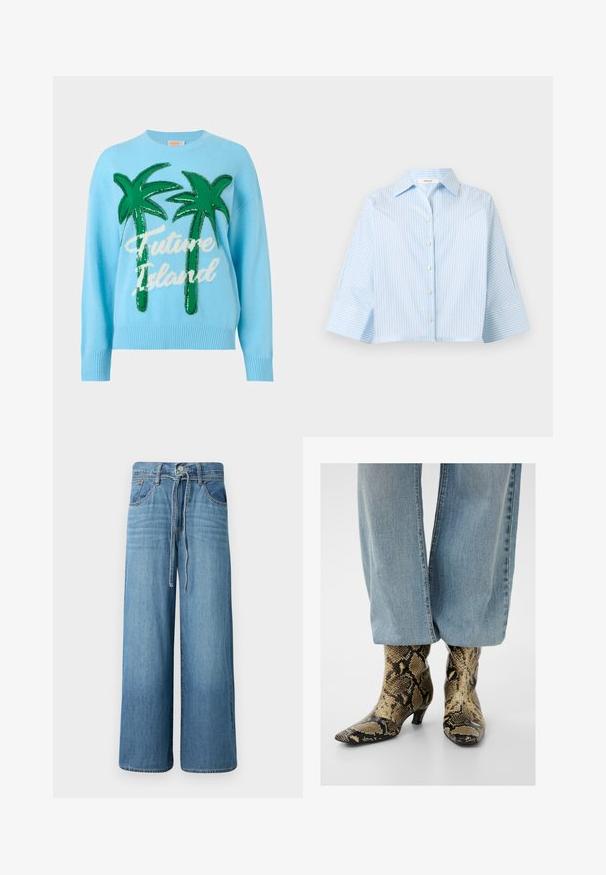 Lyseblå sweater med to store grønne palmer og hvid skråskrifttekst, der lyder "Future Island" på forsiden.; Lyseblå skjorte med knapper, tynde lodrette hvide striber og brede 3/4 ærmer, vist på en hvid baggrund.; Bredde ben jeans i lys blå denim. Har en knappelukning med snor i taljen, fem lommer og en let falmet finish.; Blå denimjeans, der delvist dækker spidsede ankelstøvler med lav hæl og brunt og sort slangeskinmønster.