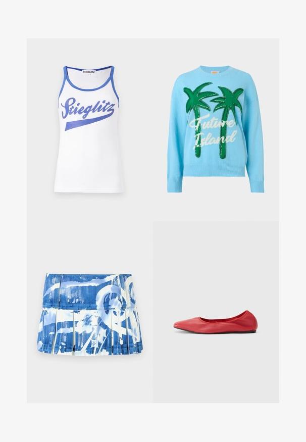 Lyseblå sweater med to store grønne palmer og hvid skråskrifttekst, der lyder "Future Island" på forsiden.; Hvid tanktop med blå kant og en stor blå "Stieglitz" grafik på forsiden. Fremstillet af glat, letvægtsstof.; Blå og hvide plisserede nederdel med et maling sprøjt mønster, lavet af letvægtsstof med en glat tekstur og en tætsiddende talje.; Filippa K REY FLATS - Ballerinasko - bright red
