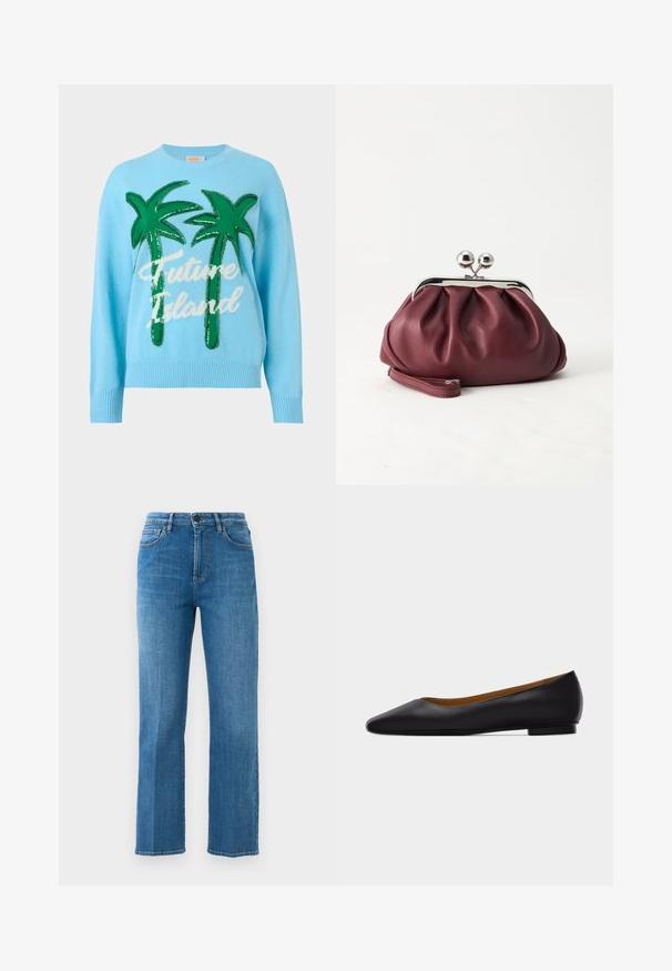 Lichtblauwe trui met twee grote groene palmbomen en witte cursieve tekst "Future Island" aan de voorkant.; Rechtersnit blauwe denim jeans met voorzakken, riemlussen, ritssluiting en knoopsluiting tegen een vlakke witte achtergrond.; Zwarte leren puntschoen met lage hak en gladde afwerking, zijaanzicht op een lichtgrijze achtergrond.; Kleine bordeauxrode leren clutch-portemonnee met zilverkleurige metalen sluiting en polsbandje op een witte achtergrond.