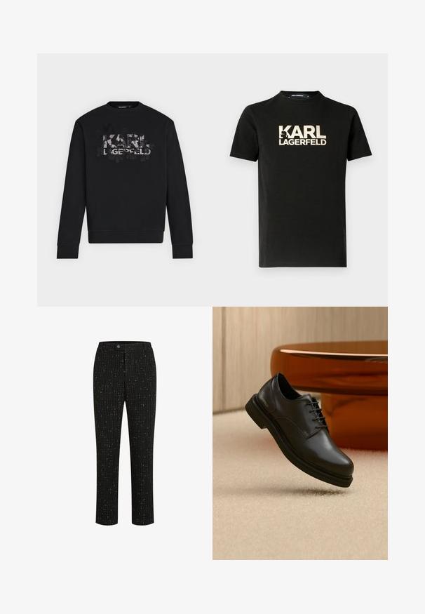 Schwarzer Sweatshirt mit langen Ärmeln und Rundhalsausschnitt, mit strukturiertem "KARL LAGERFELD"-Logo und abstraktem Blumenmotiv über der Brust.; Schwarzes Baumwoll-T-Shirt mit kurzen Ärmeln und Rundhalsausschnitt. Mit einem goldenen Logodruck "KARL LAGERFELD" und einem Silhouettenakzent.; Schwarze maßgeschneiderte Hose mit einem strukturierten Muster aus dünnen weißen vertikalen Linien, geradem Schnitt und einem Knopfverschluss an der Taille.; Schwarzer Leder-Schnürschuh, der über einem beigen Teppich schwebt, mit einem glänzenden braunen abgerundeten Objekt im Hintergrund.
