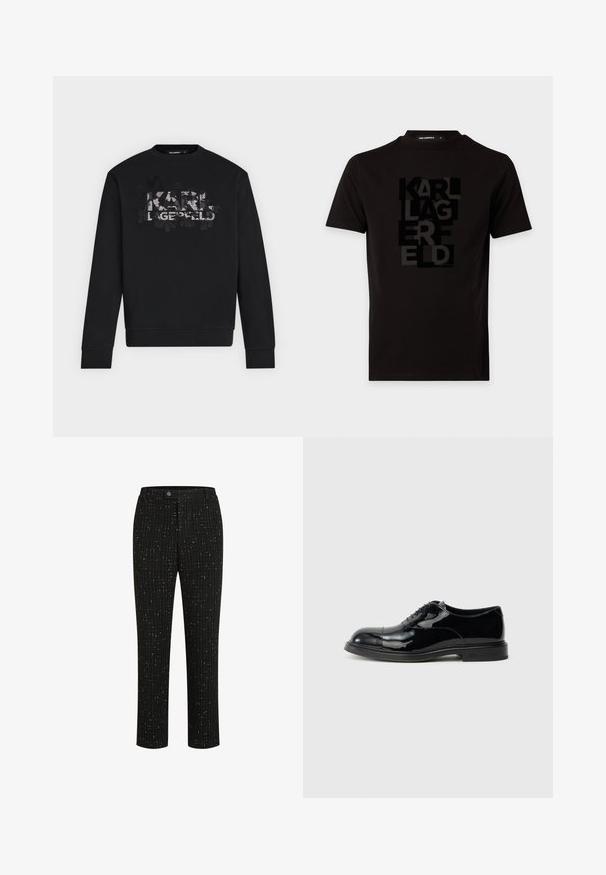 Zwarte longsleeve crewneck sweatshirt met getextureerd "KARL LAGERFELD" logo en abstract bloemmotief op de borst.; Zwart T-shirt met korte mouwen, ronde hals en verticale glanzende zwarte tekst met de tekst ""KARL LAGERFELD"" aan de voorkant.; Zwarte op maat gemaakte broek met een gestructureerd patroon van dunne verticale witte lijnen, een rechte snit en een knoopsluiting in de taille.; Zwarte oxfordschoenen van lakleer met een gladde textuur, ronde neus en dunne veters. Voorzien van een gestapelde hak en minimale stikseldetails.