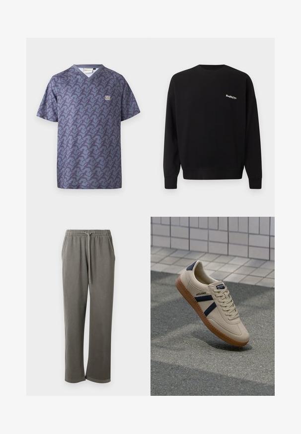 Replay Inc. Sweatshirt - black; Cleptomanicx RELAY - T-Shirt print - nightshadow blue; Graue Baumwoll-Sweatpants mit elastischem Bund und Kordelzug, seitlichen Taschen und einer lockeren Passform über die Beine.; Beige Sneaker mit strukturierter Oberfläche, dunkelblauen Streifen und Gummisohle. Verfügt über eine gepolsterte Zunge und ein traditionelles Schnürsystem für einen sicheren Sitz.