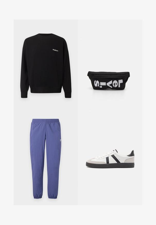 Replay Inc. Sudadera - black; Pantalones de chándal morados con cintura elástica, piernas estrechas, puños elásticos y un bolsillo lateral que presenta un pequeño detalle de logo.; Zapatilla blanca con acentos en negro y gris, que presenta una puntera texturizada en gris, suela de goma negra y cordones planos blancos. Diseño limpio, estilo minimalista.; Bolsa de tela negra con forma plana, que presenta texto blanco en negrita. El cierre de cremallera se encuentra en la parte superior, con un detalle de asa en un lado.