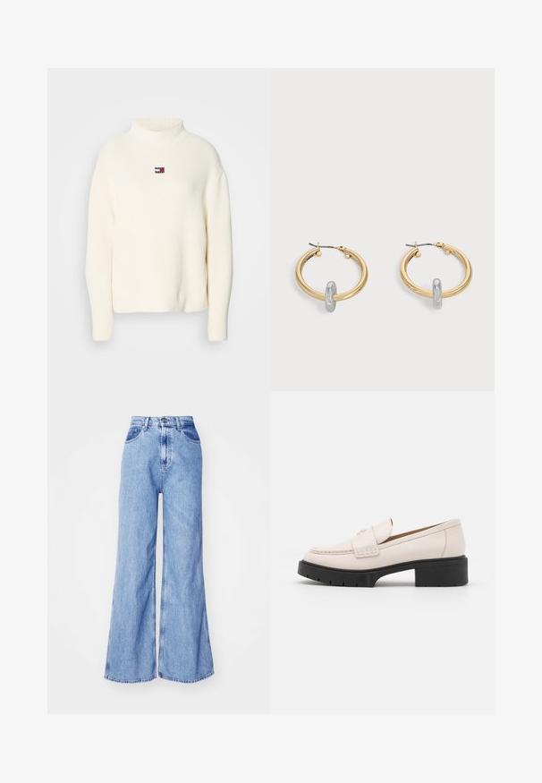 Pull en maille côtelée crème avec un petit patch logo coloré sur la poitrine. Il a des manches amples et une coupe décontractée.; Jeans en denim bleu clair à jambes larges avec une taille haute, des poches avant et des coutures surpiquées. Le tissu a une légère texture typique du denim.; Mocassins en cuir beige clair avec un devant cousu et un talon platform texturé noir. Présente un design incurvé et une légère élévation.; Paire de boucles d'oreilles créoles dorées avec un petit détail boucle ton argent sur chaque, exposées sur fond gris clair.