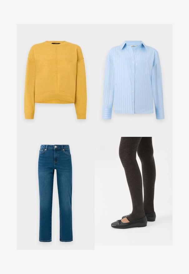 Suéter amarillo de punto con cuello redondo, hombros caídos y dobladillo acanalado. Textura suave y un diseño simple de corte recto.; Camisa de color azul claro con rayas blancas verticales, con botones en la parte delantera, cuello, mangas largas y textura de tejido suave y ligeramente brillante.; Jeans de denim rectos azules con cinco bolsillos, cierre de botón y cremallera, y pasadores para cinturón, exhibidos sobre fondo blanco.; Piernas con leggings oscuros acanalados combinados con bailarinas negras que presentan pequeños detalles de lazo sobre un fondo blanco.