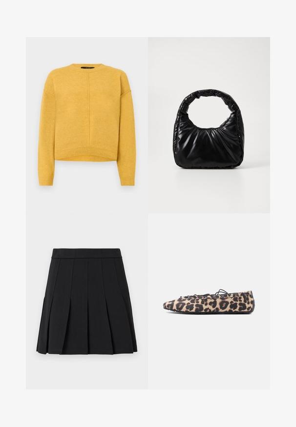Pull en maille jaune avec un col rond, des épaules tombantes et un ourlet côtelé. Texture douce et design simple à coupe droite.; Jupe plissée noire en tissu lisse. Elle présente une large ceinture et plusieurs plis aiguille verticaux.; Chaussure plate en tissu imprimé léopard, lacets noirs passant à travers des œillets en métal, et semelle en caoutchouc flexible sur fond blanc.; Sac à main noir rembourré avec une poignée arrondie, présentant une surface lisse et brillante ainsi qu'une texture douce et matelassée. Pas de quincaillerie ou d'accents visibles.