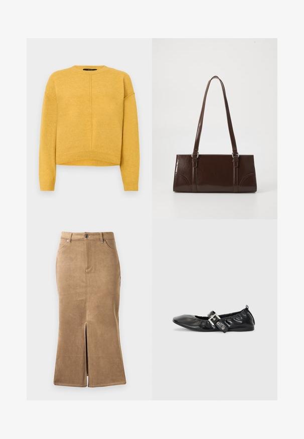 Gul strikket sweater med rund halsudskæring, sænkede skuldre og ribbet kant. Blød tekstur og et simpelt, lige snit.; Brun ruskind midi-skirt med slids foran, kontrasterende syninger og fem-lomme design. Glat tekstur og tætsiddende facon.; Sorte læder flade sko med spids tå, samling detaljer omkring åbningen, og en sølv spænde accent på den justerbare rem.; Brun lakeret håndtaske med rektangulær form, to lange håndtag og subtile buede detaljer på fronten.