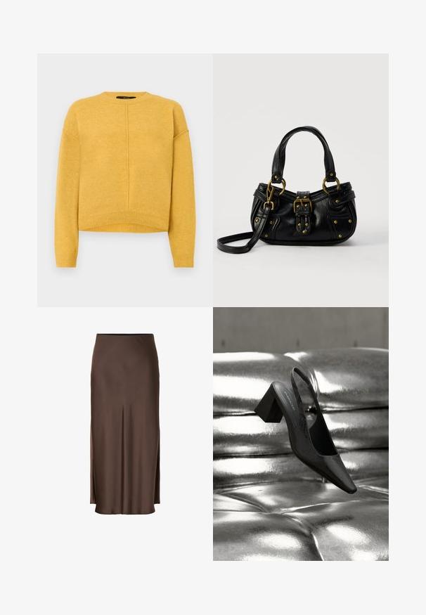 Gul strikket sweater med rund halsudskæring, sænkede skuldre og ribbet kant. Blød tekstur og et simpelt, lige snit.; Brun satin nederdel med et lige design, der har sideslids for let bevægelse og en glat tekstur gennem stoffet.; Sort slingback-hæl med spids tå, der har en tekstureret overflade og en chunky blokhæl. Lagt mod en skinnende, metallisk baggrund.; Sort læderhåndtaske med guldbælge og nitdetaljer, korte håndtag og en justerbar skulderrem på en ensfarvet hvid baggrund.