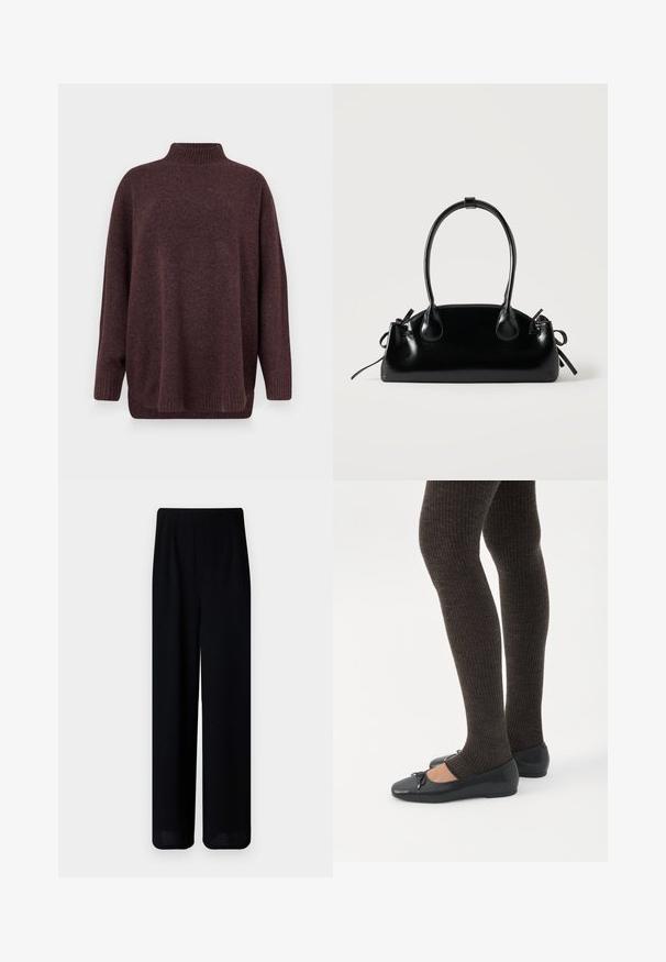 Vero Moda VMPLAZA - Striktrøje - wine tasting; Vero Moda Petite VMLIVA SUPER WIDE PANTS - Bukser - black; Ben iført mørke ribbede leggings kombineret med sorte balletsko med små sløjfedetaljer på hvid baggrund.; Lille sort blank håndtaske med to lange håndtag og snøre-detaljer i siden på en ensfarvet lys baggrund.