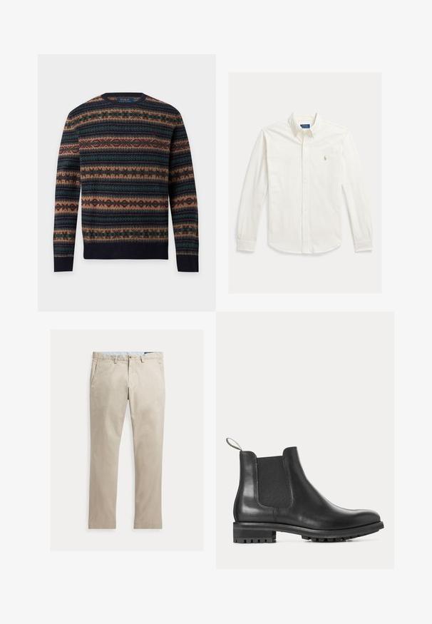 Dlhý rukáv mikiny s okrúhlym výstrihom a horizontálnym fair isle vzorom v námorníckej modrej, hnedej, zelenej a bordovej farbe, s logom Polo Ralph Lauren vo vnútri goliera.; Biela košeľa s dlhým rukávom na gombíky s golierom a vyšívaným logom Polo Ralph Lauren na ľavej strane hrudníka.; Béžové rovné bavlnené nohavice s prednými vreckami, pútkami na opasok, zapínaním na gombík a zipsom, zobrazené položené na bielom pozadí.; Čierna kožená Chelsea topánka s elastickými bočnými panelmi, ťahacou slučkou vzadu a ryhovanou gumovou podrážkou s nízkym podpätkom, zobrazená v profile.