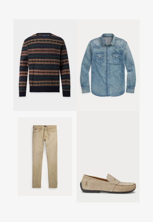 Long-sleeve crewneck sweater with horizontal fair isle pattern in navy, brown, green, and burgundy colors, Polo Ralph Lauren branding inside collar.; Long-sleeve light blue denim shirt with button-down front, two chest pockets with flaps, and pointed collar.; Beige slim-fit pants with front pockets, belt loops, and button closure, laid flat on a white background.; Beige suede loafers with a stitched detail, flat rubber sole, and a small logo on the side. Classic slip-on design, soft texture.