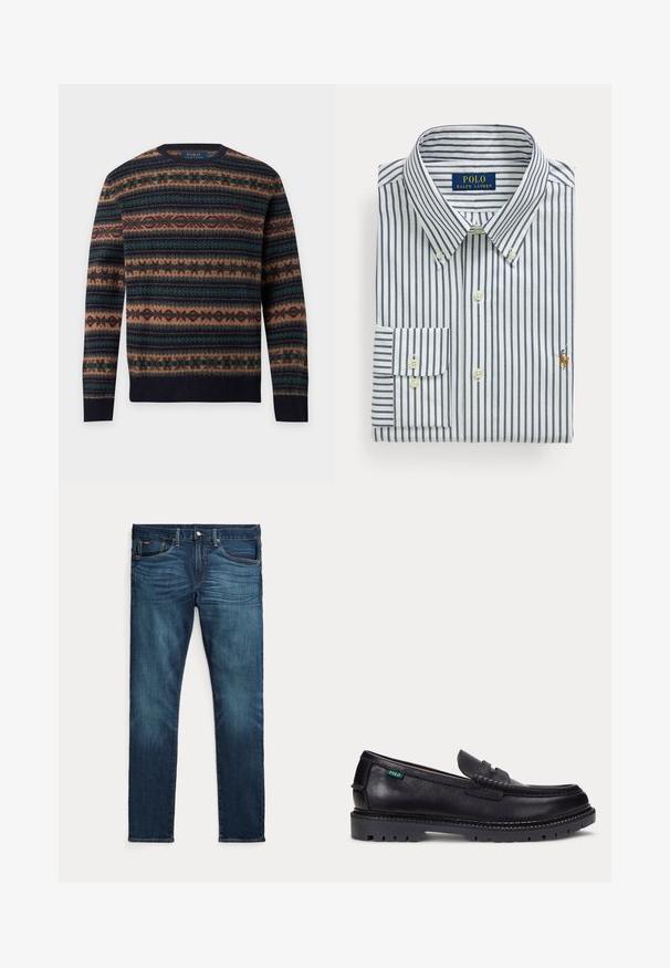 Pull manches longues col rond avec motif fair isle horizontal en bleu marine, marron, vert et bordeaux, marquage Polo Ralph Lauren à l’intérieur du col.; Chemise blanche pliée avec des rayures verticales bleu marine, col boutonné et logo Polo Ralph Lauren brodé sur la poitrine.; Jean slim bleu foncé avec bouton et fermeture éclair à l'avant, cinq poches et une subtile décoloration sur l’avant des cuisses et des genoux.; Mocassin en cuir noir avec une semelle épaisse à crampons et une petite étiquette verte "Polo" sur le côté extérieur, près du talon.