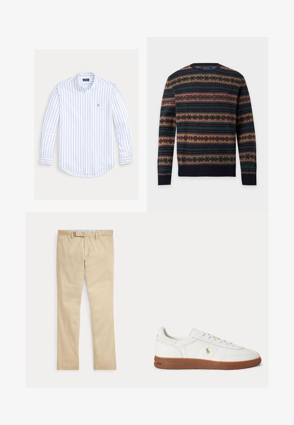 Trui met lange mouwen en ronde hals met horizontaal fair isle-patroon in navy, bruin, groen en bordeaux, Polo Ralph Lauren-logo aan de binnenkant van de kraag.; Overhemd met lange mouwen en knopen, lichtblauwe verticale strepen en een klein geborduurd logo op de linkerborst.; Beige broek met rechte pijpen, ceintuurlussen en een voorrits, plat gelegd tegen een witte achtergrond.; Witte lage sneaker met bruine zool, veters aan de voorkant en klein gouden Polo Ralph Lauren-logo aan de zijkant.