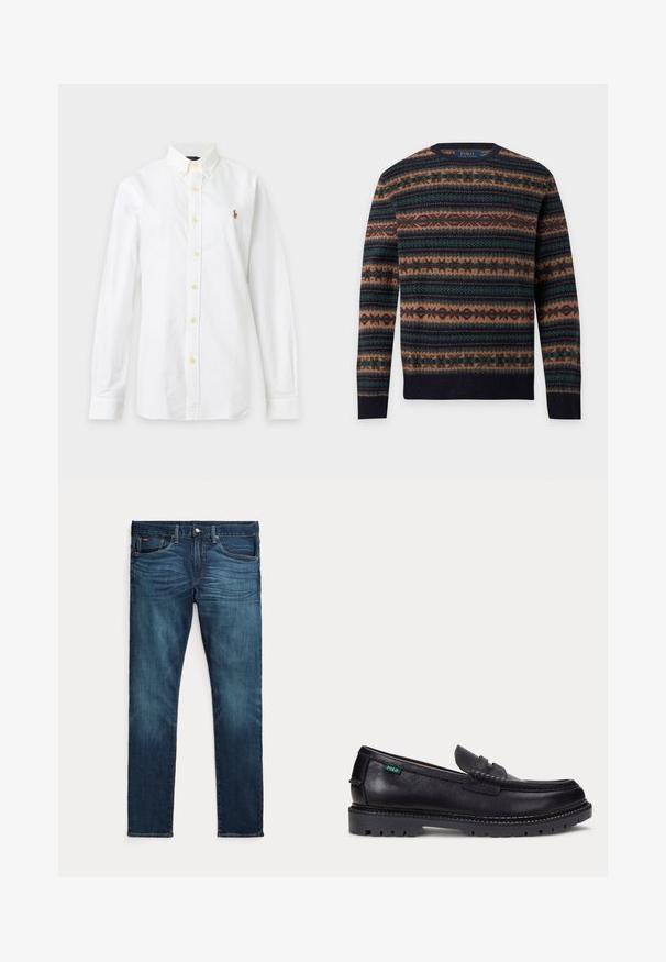 Langærmet crewneck-sweater med horisontalt fair isle-mønster i navy, brun, grøn og burgunderfarver, Polo Ralph Lauren mærke indeni kraven.; Hvid skjorte med lange ærmer, knapper og krave samt lille broderet logo på venstre bryst mod en ensfarvet baggrund.; Mørkeblå slim-fit jeans med frontknap og lynlås, fem lommer og subtil falmen på forreste lår og knæ.; Sort læderloafer med tyk, mønstret sål og lille grøn "Polo"-mærke på ydersiden nær hælen.