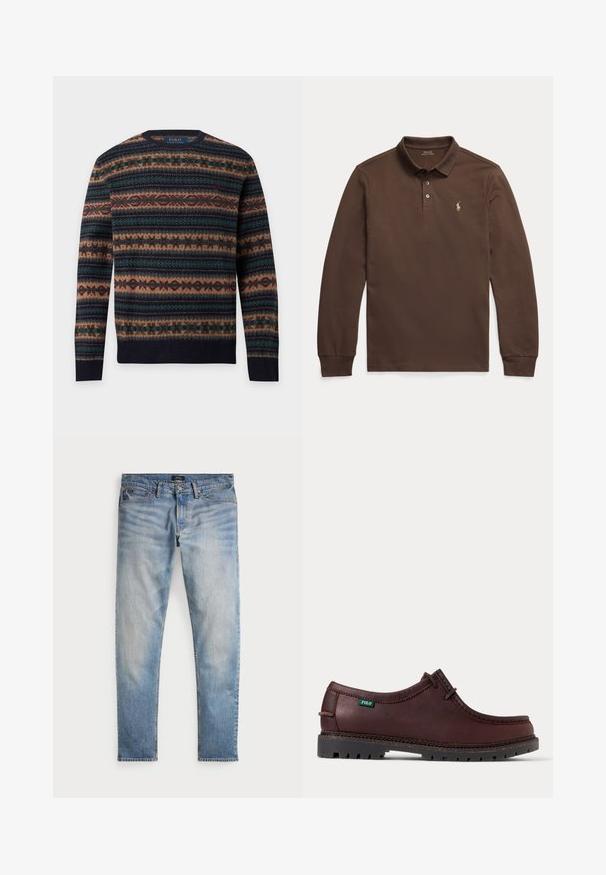 Langärmeliger Pullover mit Rundhalsausschnitt und horizontalem Fair Isle Muster in Navy, Braun, Grün und Burgunder, mit Polo Ralph Lauren Branding innen im Kragen.; Braunes Poloshirt mit langen Ärmeln, Kragen und zwei Knöpfen, mit einem kleinen gestickten Logo auf der linken Brust.; Helle blaue Denim-Jeans mit einem ausgewaschenen Finish, Fünf-Taschen-Design und kontrastierenden Nähten. Mit Reißverschluss und Gürtelschlaufen. Gerade geschnitten.; Dunkelbrauner Leder-Mokassinschuh mit schwarzer robuster Sohle und grünem Polo-Logo-Etikett an der Seite, Seitenansicht.