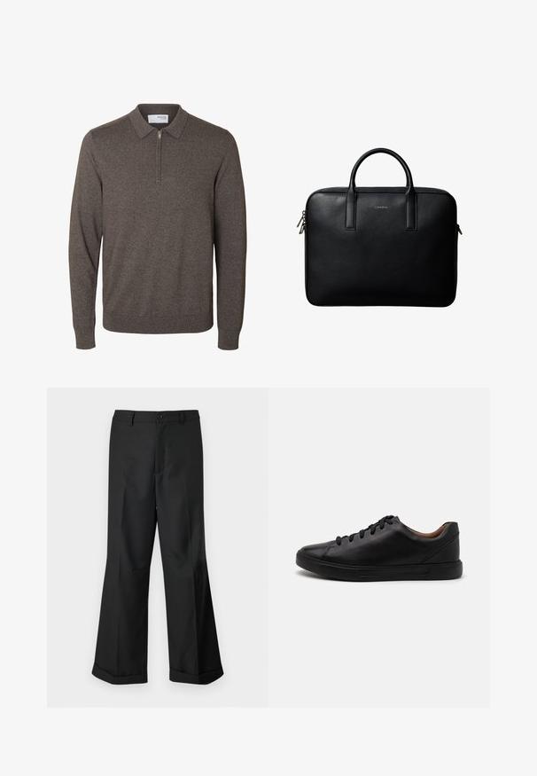 Jersey marrón de punto para hombre, de manga larga, con cuello y cremallera corta en el cuello, puños y bajo acanalados, etiquetado Selected Homme.; Pantalones anchos negros con cintura abotonada y dobladillos con puños, exhibidos sobre un fondo blanco liso.; Zapatillas de cuero negro con un acabado suave, punta redondeada y cierre de cordones de seis ojales; cuenta con una suela de goma negra para mayor agarre.; Maletín de cuero negro texturizado con doble asa y tiradores de cremallera plateados, centrado sobre fondo blanco.