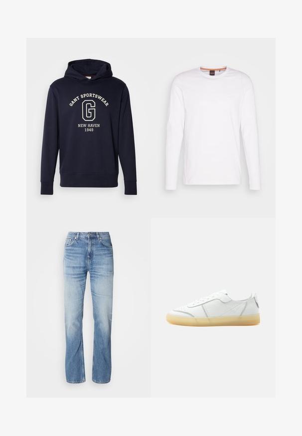 Dunkelblaues Hoodie aus Baumwolle, mit einer Vorderfronttasche, gerippten Bündchen und einem Grafikdruck mit "GANT SPORTSWEAR" und "NEW HAVEN 1949."; Weißes Langarm-T-Shirt aus Baumwolle. Verfügt über einen runden Halsausschnitt und ein kleines, eingeprägtes Logo auf der linken Brust. Glatte Textur.; Hellblaue Jeans aus Denim mit geradem Bein, verblasstem Finish, fünf Taschen und Knopfverschluss. Klassisches Design und mittlere Dicke.; Weißer flacher Ledersneaker mit beiger durchsichtiger Sohle, Schnürung vorne und minimalen Nähten, seitlich auf schlichtem Hintergrund gezeigt.