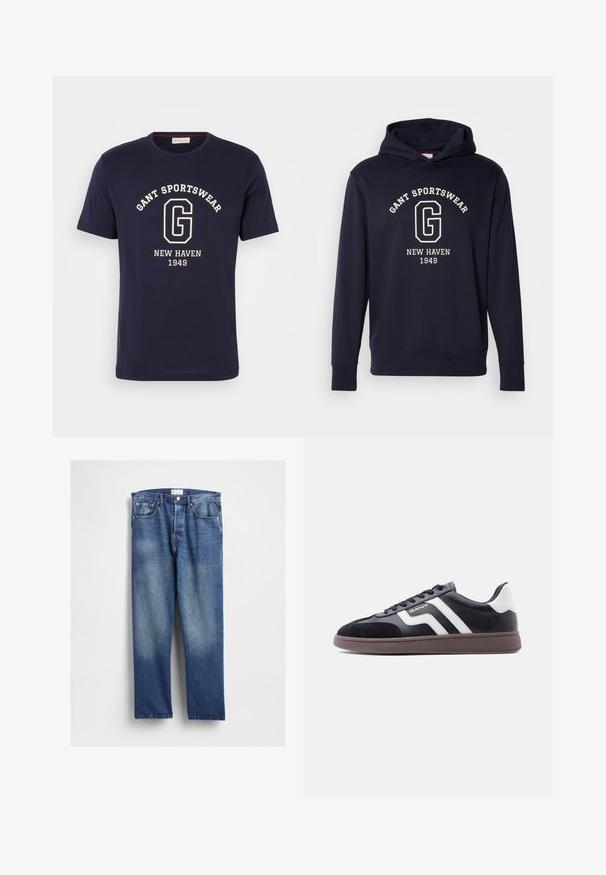 Mørkeblå hættetrøje lavet af bomuld, med en frontlomme, ribbede manchetter og et grafisk print med "GANT SPORTSWEAR" og "NEW HAVEN 1949."; Marineblå bomulds T-shirt med et hvidt grafisk design med "GANT SPORTSWEAR," "NEW HAVEN," og "1949." Rund halsudskæring og korte ærmer.; Blå denimjeans med lige ben, som har slidte områder foran, klassisk femlomme-design og metalnitter ved lommerne.; Sorte sneakers med ruskind og syntetisk materiale, hvide diagonale striber og en brun tekstureret sål. Har snøredesign og polstret krave.