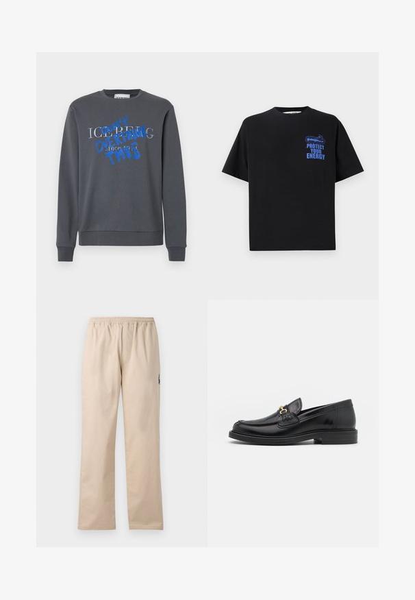 Iceberg FELPA - Sweatshirt - grigio scuro; Schwarzes Baumwoll-T-Shirt mit kurzen Ärmeln, mit blauem Text "BESCHÜTZE DEINE ENERGIE" und einem grafischen Design auf der oberen linken Seite.; Beige, leichte, gewobene Hose mit elastischem Bund. Merkmale sind gerade Beine und ein kleines gesticktes Logodetail an der Seite.; Schwarze Lederleter mit einer abgerundeten Zehenpartie, ausgestattet mit goldenen Hardwareakzenten und Stichdetails, auf einer niedrigen, strukturierten Gummisohle.