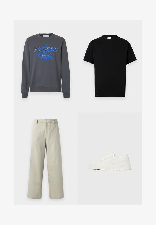 Iceberg FELPA - Sudadera - grigio scuro; Camiseta de algodón negra con cuello redondo, mangas cortas y corte recto. Sin patrones visibles ni detalles de hardware.; Han Kjøbenhavn WIDE LEG - Pantalones - light grey; Zapatilla blanca de piel con corte bajo, cierre de cordones, lengüeta trasera texturizada y suela de goma blanca ligeramente estriada sobre un fondo claro y liso.