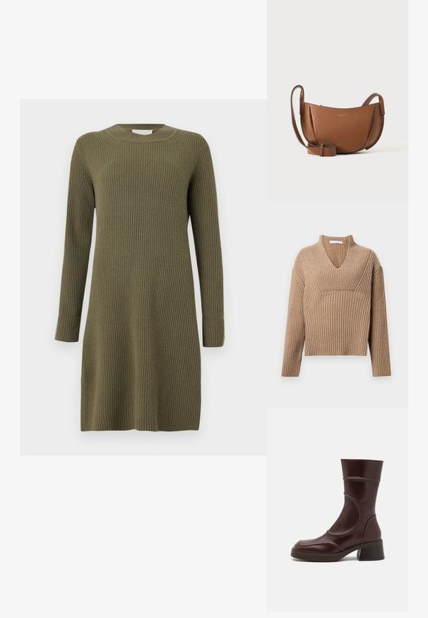 Beige geribbelde gebreide trui met een diepe V-hals, lange mouwen en een gestructureerd paneel op de borst. Korte lengte met een relaxte pasvorm.; CLOSED CREW NECK DRESS LONG SLEEVE - Gebreide jurk - forest green; MIISTA MALENE - Lage laarzen - brown; Bruine leren crossbody tas met gebogen vorm, verstelbare riem en minimaal goudkleurig reliëflogo van het merk aan de voorkant tegen een effen achtergrond.