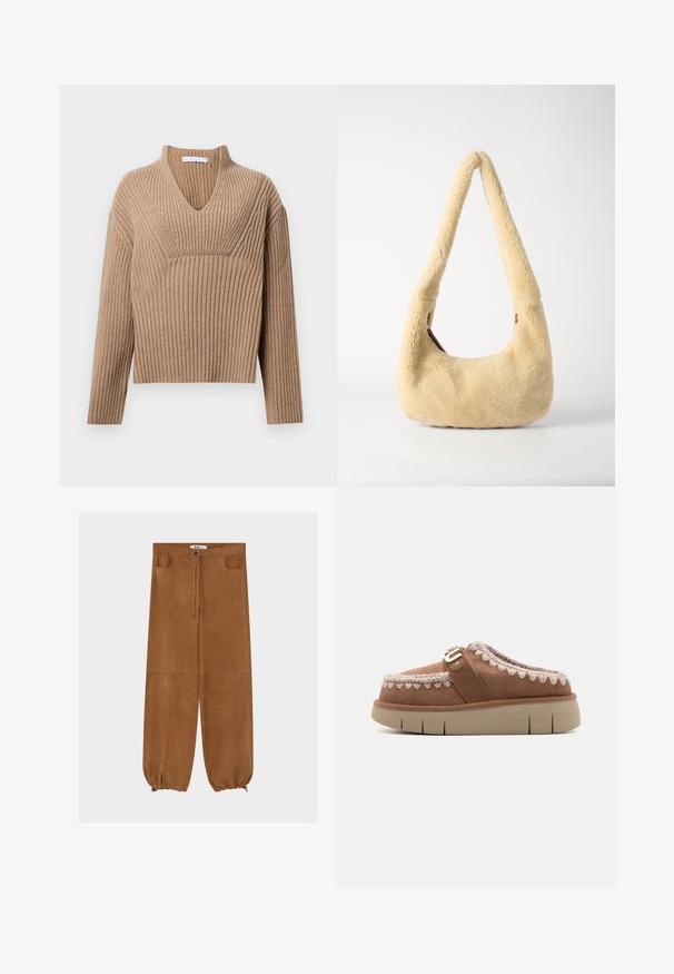 Beige gerippter Strickpullover mit tiefem V-Ausschnitt, langen Ärmeln und einem strukturierten Paneel auf der Brust. Kürze mit lockerer Passform.; Braune Wildlederhose mit elastischem Bund, Kordelzug in der Taille und zwei Fronttaschen. Glatte Textur mit entspannter Passform.; Braune Wildlederschlupfschuhe mit einer beigen Gummisohle, kontrastierenden geflochtenen Details an der Oberseite und einer dekorativen Schnallenelement.; Beige Shearling Schultertasche mit einem gebogenen Griff und einer runden Form. Die Textur ist weich und plüschig, mit minimalen Hardware-Akzenten.