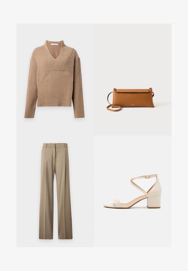 Beige ribstrikket sweater med dyb V-udskæring, lange ærmer og en struktureret panel ved brystet. Korte længde med en afslappet pasform.; Vide benbukser i et lysebrunt stof. Har en glat tekstur, pænt pressede folder og en flad frontbluse design.; Beige blokhælede sandaler med et minimalistisk design, åben tå og justerbar ankelrem med en guldbelsningsdetalje. Glat tekstur.; Brun læder clutch taske, rektangulær form, tekstureret overflade, aftagelig rem, lynlås lukning, diskret logo præget på forsiden.