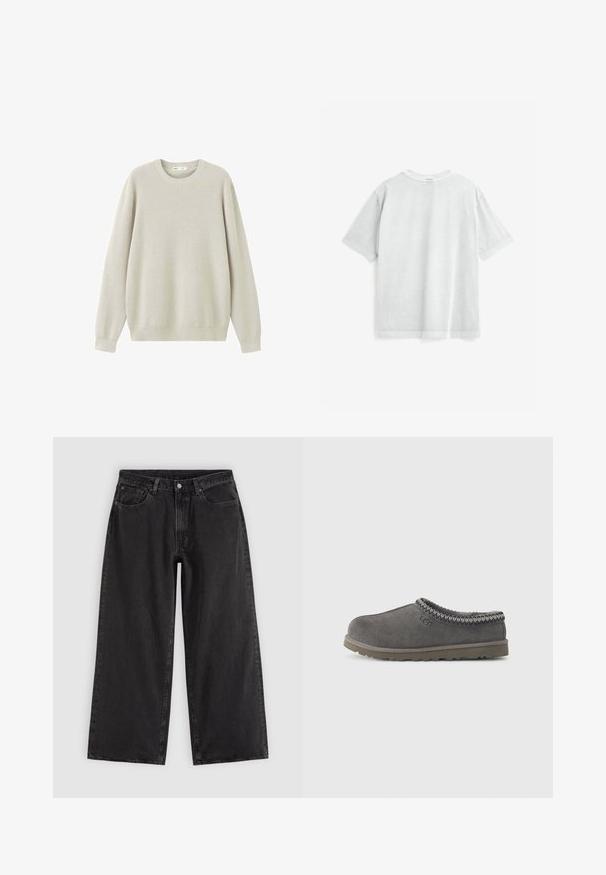 Pull en maille beige clair à manches longues et col rond, présenté sur fond blanc.; T-shirt en coton gris clair à manches courtes, col rond et coupe décontractée. Présente une texture lisse et des coutures nettes le long des bords.; Jean en denim noir à jambes larges avec poches avant, passants pour ceinture et fermeture par boutons, présenté sur un fond clair uni.; Chausson gris en daim à enfiler avec un col tricoté à motifs, un intérieur rembourré et une semelle en caoutchouc durable. Présente le logo de la marque sur le côté.