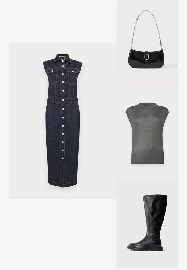 Haut court à manches courtes, gris métallisé, avec un col haut. Fabriqué dans un matériau extensible et légèrement réfléchissant. Texture lisse et design ajusté.; Robe midi en denim foncé sans manches avec fermeture à boutons sur le devant, deux poches à rabat sur la poitrine, un col et des surpiqûres contrastantes orange.; Botte noire en cuir, montant jusqu'au genou, avec un bout rond, un-dessus légèrement texturé et une semelle en caoutchouc. Équipée d'un panneau latéral pour un enfilage facile.; Sac à épaule en cuir verni noir avec détail de boucle argentée et bandoulière en chaîne argentée, présenté sur un fond uni clair.