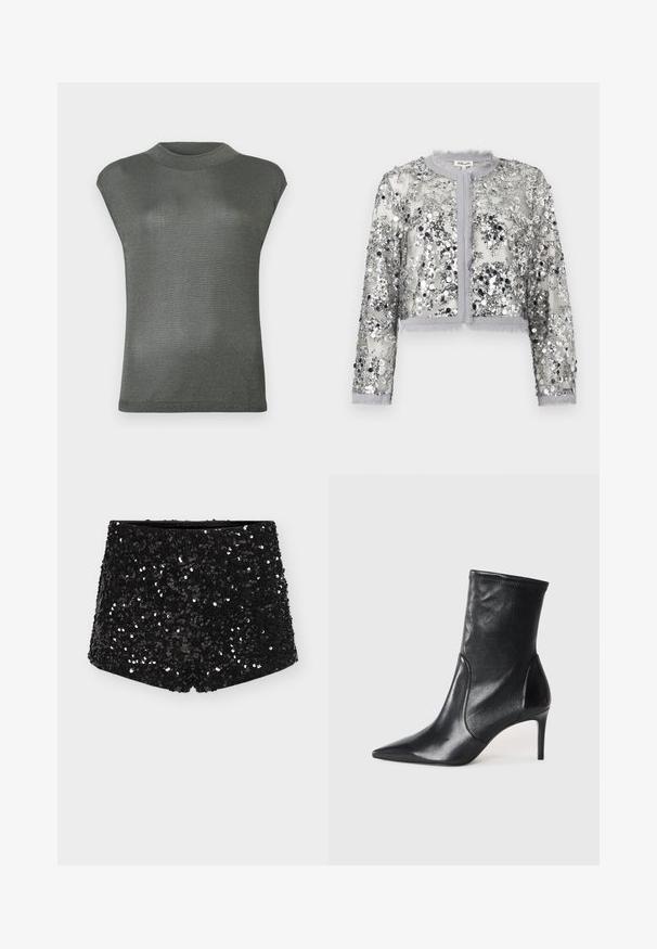 Haut court à manches courtes, gris métallisé, avec un col haut. Fabriqué dans un matériau extensible et légèrement réfléchissant. Texture lisse et design ajusté.; Veste courte en tissu transparent argenté recouvert de sequins. Comprend un col rond, une fermeture à boutons et des bords à franges.; Shorts noirs ornés de sequins avec une taille ajustée, présentant une texture lisse et une surface scintillante et réfléchissante grâce aux sequins.; Bottes noires à la cheville en cuir lisse, dotées d'un bout pointu, d'un tige ajustée et d'un talon haut fin. Design minimaliste sans quincaillerie visible.