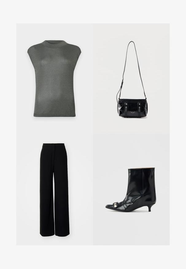 Haut court à manches courtes, gris métallisé, avec un col haut. Fabriqué dans un matériau extensible et légèrement réfléchissant. Texture lisse et design ajusté.; Pantalons larges noirs à taille haute, en tissu lisse, avec fermeture à bouton à l'avant et sans poches visibles, offrant une coupe tailleur.; Bottine en cuir noir avec bout pointu, petit talon kitten bas et boucle décorative en argent sur le côté près de l'orteil.; Sac à bandoulière en cuir noir avec sangle réglable, deux fermetures éclair verticales sur le devant et un petit emblème métallique en forme d'aile sous les fermetures éclair.