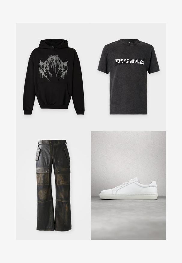Schwarzer Hoodie mit silbernem Strassstein-Tropfen-Krallendesign auf der Vorderseite und einer Kängurutasche, dargestellt vor weißem Hintergrund.; Schwarzes Baumwoll-T-Shirt mit Rundhalsausschnitt, das ein auffälliges, verwittertes weißes Grafikdesign über der Brust aufweist. Kurze Ärmel.; Schwarze Leder-Cargo-Hose mit abgenutzter Optik, großen Seitentaschen, hoher Taille und kontrastierender Naht entlang der Nähte.; Weißer Sneaker mit glattem Lederobermaterial und niedrigem Profil. Verfügt über eine runde Zehenpartie, sechs Ösen und eine strukturierte Gummisohle.