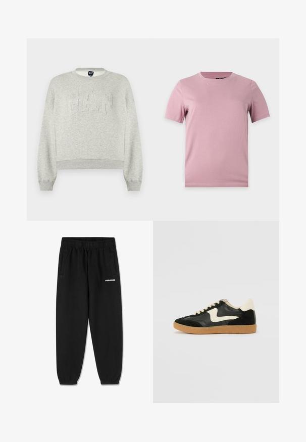 Lysegrå crewneck-sweatshirt med "GAP" prægning over brystet, ribbede ærmeender og kant, vist på hvid baggrund.; Enkelt kortærmet blød lyserød bomulds-t-shirt med rund hals, vist på en flad lysgrå baggrund.; Sorte sweatpants lavet af blødt stof, med snoretræk i taljen, tætsiddende ben og sidelommer. "PEGADOR" logo i hvid på fronten.; Sorte ruskinds- og lædersneakers med en cremefarvet side-swoosh og lys cremefarvet hæl. Har beige snørebånd og en gummirubber-sål.