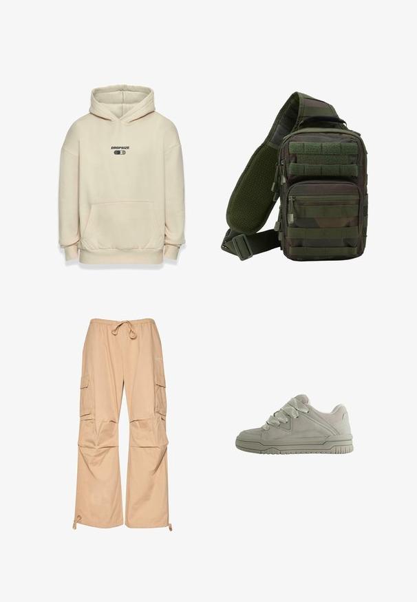 Beige hættejakke med en frontlomme, stor hætte og ribbede manchetter. Har et sort "DROPSIZE" logo over et grafik på brystet. Blød tekstur.; Beige cargo bukser med elastisk talje og snor, med sidelommer og en afslappet pasform. Fremstillet af letvægtsstof.; Lav-snit grå sneaker med tykke teksturerede snørebånd, polstret krave, syninger i panelerne og en rilled gummisål for greb.; Grøn camouflage sling rygsæk med flere lynlåslommer, en justerbar rem og et netpanel på ryggen for ventilation.