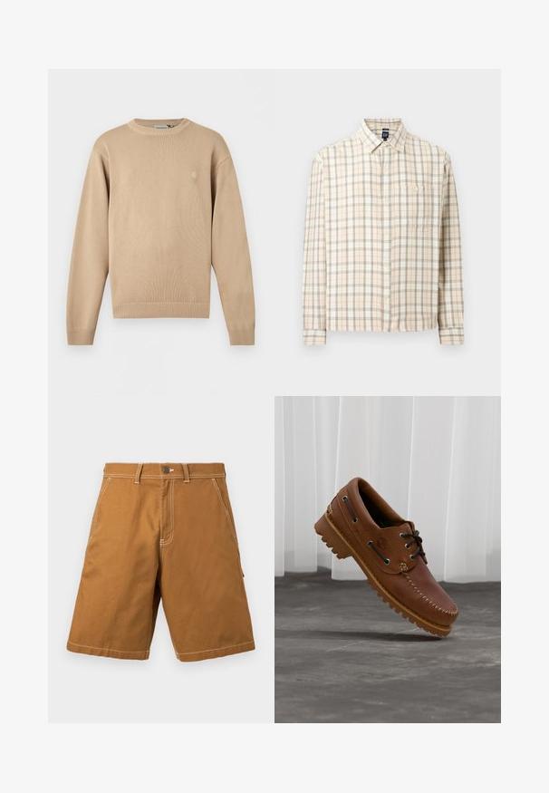 Pull en maille beige à manches longues avec col, poignets et ourlet côtelés, présentant un petit logo discret sur la poitrine gauche.; Chemise à manches longues en plaid beige avec fermeture à boutons sur le devant, une poche poitrine unique et un col classique, présentée sur un fond uni.; Shorts marron jusqu'aux genoux avec poches avant, passants pour ceinture, fermeture à boutons et coutures blanches visibles sur un fond clair.; Chaussure de bateau en cuir marron avec des lacets noirs, des coutures beiges et une semelle robuste, suspendue au-dessus d'un sol en béton gris.