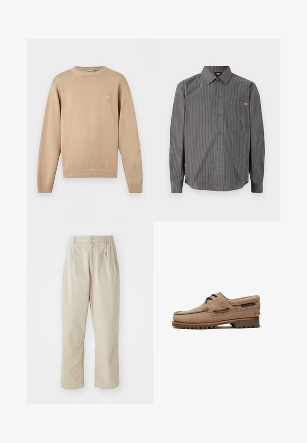 Beige langærmet striktrøje med ribkrave, manchetter og kant, med et lille diskret logo på venstre bryst.; Grå skjorte med knapper, silkeagtige hvide striber, lange ærmer, en brystlomme og en klassisk krave. Fremstillet af slidstærkt stof.; Beige, lette bukser med en afslappet pasform, indsyede folder foran, knaplukning og opbrettede kanter. Glat tekstur, minimalistisk design.; Beige ruskind bådsko med snørebånd, robust sål, lædersnører og polstret krave, der viser Timberland-logoet på siden.