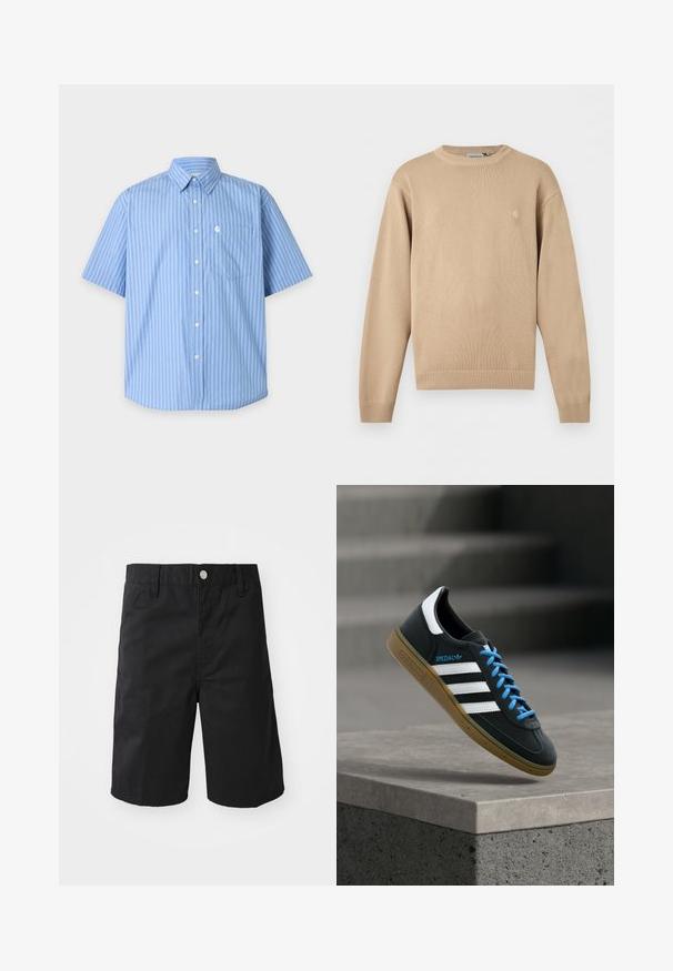 Pull en maille beige à manches longues avec col, poignets et ourlet côtelés, présentant un petit logo discret sur la poitrine gauche.; Chemise bleu clair à manches courtes à boutons avec fines rayures verticales et une poche poitrine sur un fond uni.; Shorts en coton noir avec une coupe droite, des passants de ceinture, une fermeture à bouton en métal et sans motifs ni accents visibles.; Baskets Adidas noires avec des rayures blanches, des lacets bleus et une semelle en gomme flottant au-dessus d'une marche en béton grise sous une lumière douce.