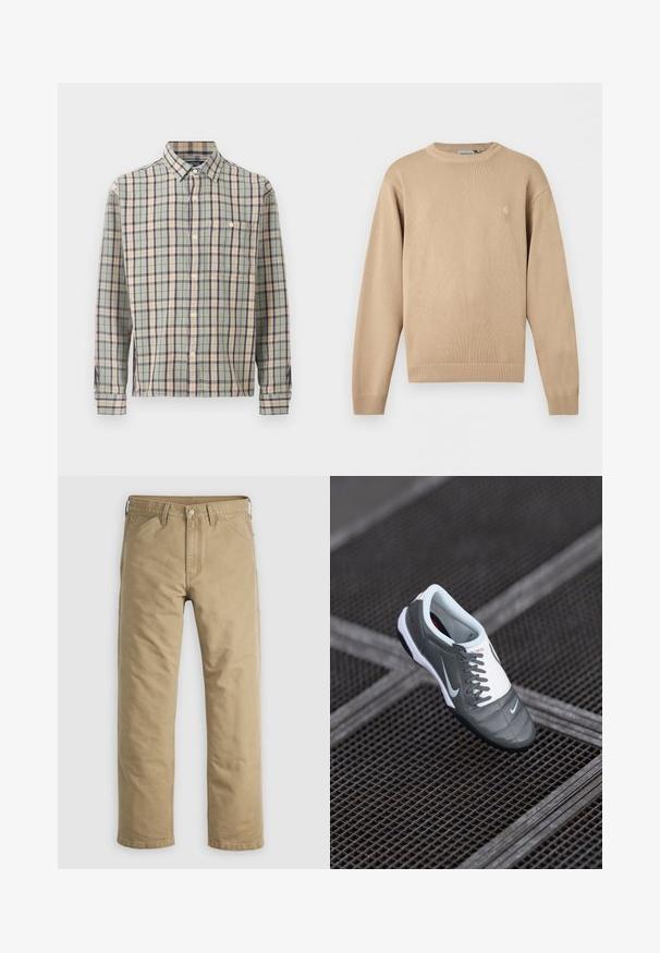 Pull en maille beige à manches longues avec col, poignets et ourlet côtelés, présentant un petit logo discret sur la poitrine gauche.; Chemise à manches longues boutonnée avec un motif à carreaux vert, beige et bleu marine, avec une poche poitrine unique sur un fond uni.; Pantalon en coton kaki avec un design à jambe droite, poches avant et fermeture par bouton. Texture lisse et coutures renforcées pour une durabilité accrue.; Chaussure de sport grise avec une tige lisse et texturée, accents blancs, lacets proéminents et semelle en caoutchouc noire, arborant un petit logo sur le côté.