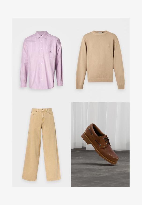 Beige pitkähihaista neulosta oleva villapaita, jossa on resorikaulus, -hihansuut ja -helma, vasemmassa rinnassa pieni hillitty logo.; Vaaleanpunainen pitkähihaine nappipaita, jossa on pystysuorat valkoiset raidat, puuvillakangasta, kaulus, etutasku ja logo yksityiskohta taskussa.; Beiget väriset, korkeavyötäröiset leveälahkeiset farkut, joissa edessä nappi ja vetoketju, vyölenkit ja etutaskut, yksivärisellä taustalla.; Ruskeat nahkaiset venekengät mustilla nauhoilla, beigenvärisillä saumoilla ja jykevällä pohjalla, roikkuen harmaan betonilattian yläpuolella.