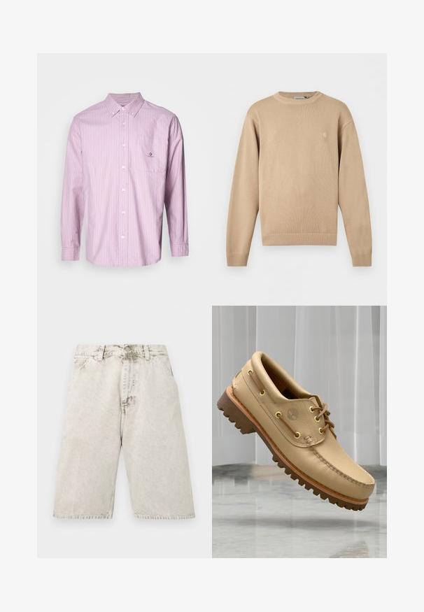 Jersey beige de punto con mangas largas, cuello, puños y dobladillo acanalados, con un pequeño y sutil logo en el pecho izquierdo.; Camisa de botones de manga larga en rosa claro con rayas verticales blancas, tela de algodón, cuello, bolsillo frontal y detalle de logo en el bolsillo.; Pantalones cortos de mezclilla desgastada en gris claro, con bolsillos delanteros, presillas para cinturón y cierre de botón, mostrados planos sobre un fondo blanco.; Zapato náutico de cuero marrón claro con suela gruesa y estriada y detalles de cordones, flotando sobre un suelo de mármol y un fondo de persianas verticales blancas.