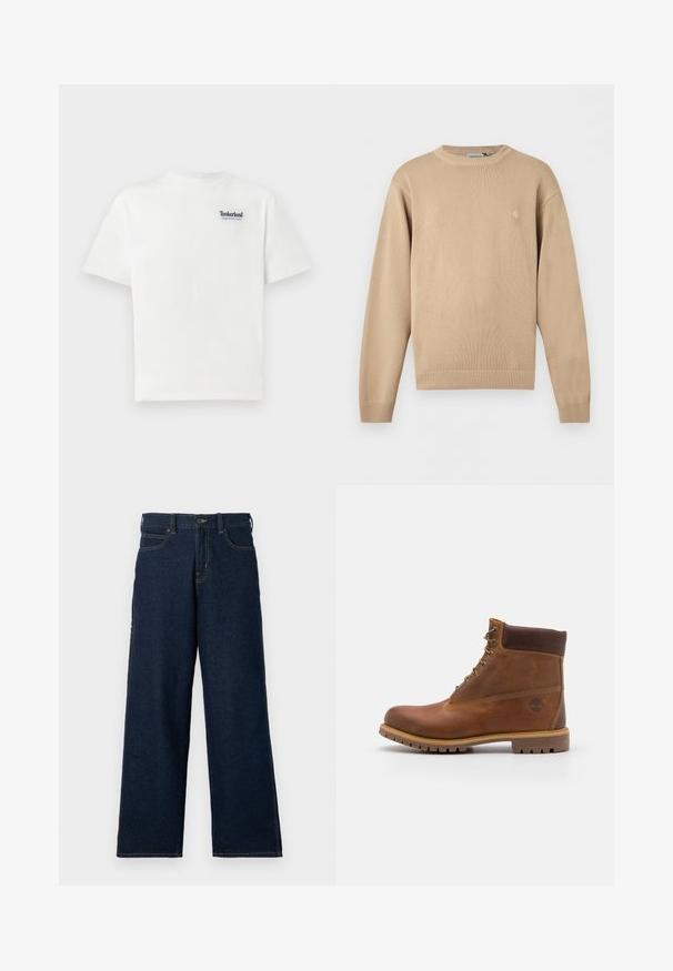 Beige langærmet striktrøje med ribkrave, manchetter og kant, med et lille diskret logo på venstre bryst.; Hvid bomulds T-shirt med et blåt broderet "Timberland Rugged Active Gear" logo på den øverste venstre bryst. Korte ærmer og rund hals.; Mørkeblå vidde bukser lavet af denim med høj talje, bæltestropper, forlommer og kontrasterende syningsdetaljer.; Brun læder vandrestøvle med en glat finish, polstret ankel, metalliske snørehuller og en gummisål med et robust dækmønster.