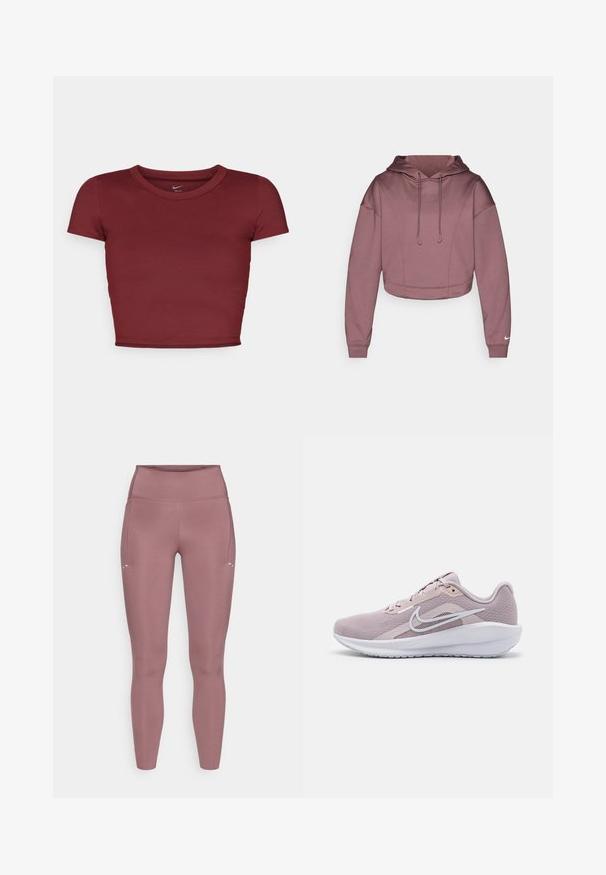Korte hoodie van zachte mauvekleurige stof, met trekkoordsluiting, geribbelde manchetten en Nike-logo op de onderkant van de mouw.; Bordeaux, kortstraat crop top van gladde stof met een ronde halslijn. Minimalistisch ontwerp, geen zichtbare logo's of patronen.; Strakzittende legging met hoge taille in gedempte rozentint. Gemaakt van glad, rekbaar materiaal met zijzak en minimale stikdetails.; Lichtroze sportieve schoen met ademend mesh bovenwerk, witte accenten, een gevoerde schacht en een getextureerde rubberen zool voor grip.