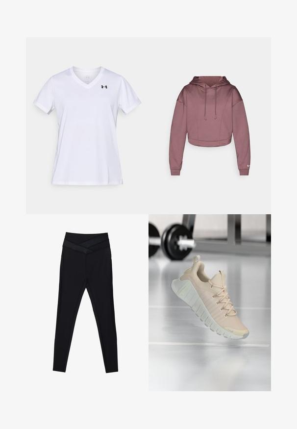 Kort cropped hættetrøje i blødt mauve-stof med snoretræk, ribbet manchet og Nike-logo på nedre ærme.; Hvid T-shirt med korte ærmer og V-udskæring, lavet af bomuldsblanding med en sort logo øverst til venstre. Glat tekstur og almindelig pasform.; Sorte leggings med høj talje og bred, krydset taljebånd samt tætsiddende pasform langs benene på en hvid baggrund.; Letvægts sneaker i en blød beige farve. Har en tekstureret overdel, flade snørebånd og en tyk, rillede sål med subtile brandingsdetaljer.