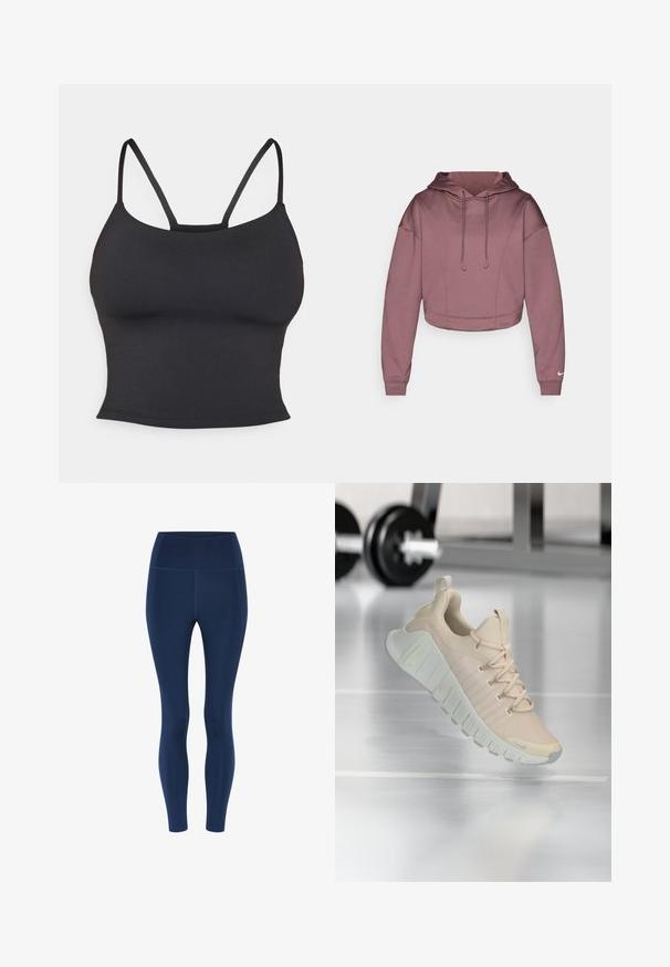 Kort cropped hættetrøje i blødt mauve-stof med snoretræk, ribbet manchet og Nike-logo på nedre ærme.; Sort tætsiddende camisole lavet af glat stof, med tynde stropper og rund halsudskæring, uden yderligere mønstre eller accenter.; Marineblå leggings med høj talje og fuld længde med flade sømme og en tætsiddende silhuet designet til aktivt brug.; Letvægts sneaker i en blød beige farve. Har en tekstureret overdel, flade snørebånd og en tyk, rillede sål med subtile brandingsdetaljer.