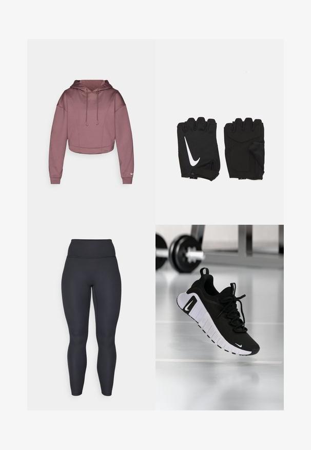 Lyhyt huppari pehmeästä malvanvärisestä kankaasta, jossa on nyörikiristys, resoriset hihansuut ja Nike-logo hihan alaosassa.; Mustat korkeavyötäröiset ribbileggingsit, joissa on tiukka muotoilu, sileä rakenne ja täyspitkä malli. Ominaisuudet include leveä vyötärönauha tuen takaamiseksi.; Musta urheilukenkä teksturoitua kangaspintaa, valkoista pohjaa ja näkyvää nauhoitusjärjestelmää. Sisältää Nike-logon sekä pehmeän, pehmustetun rakenteen.; Mustasta sormettomasta kuntosalihanskat, jotka on valmistettu hengittävästä kankaasta. Niissä on valkoinen Nike-logo, pehmustetut kämmenet ja avoin ranneosa, joka tarjoaa joustavuutta.
